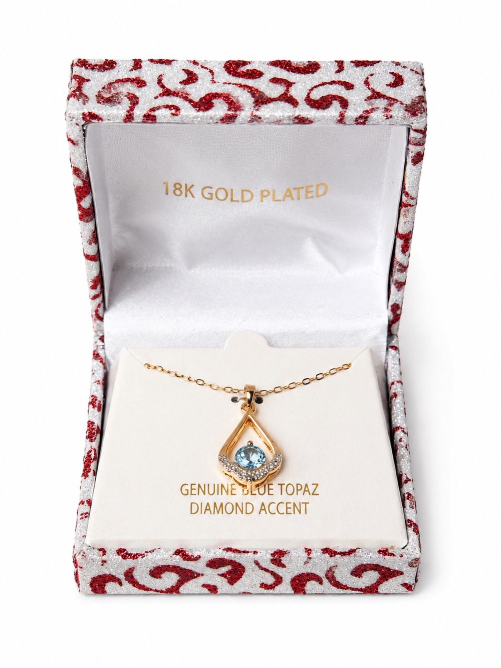 18K Gold Plated Genuine Blue Topaz & Diamond Necklace NWT Gift Box Included